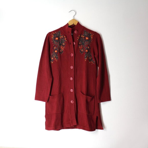 Bob Mackie Sweaters - Bob Mackie Wearable Art floral embroidered womens cardigan sweater red XXS 2XS